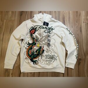 Ed Hardy Cream Hoodie with Colorful Dragon Tattoo Art